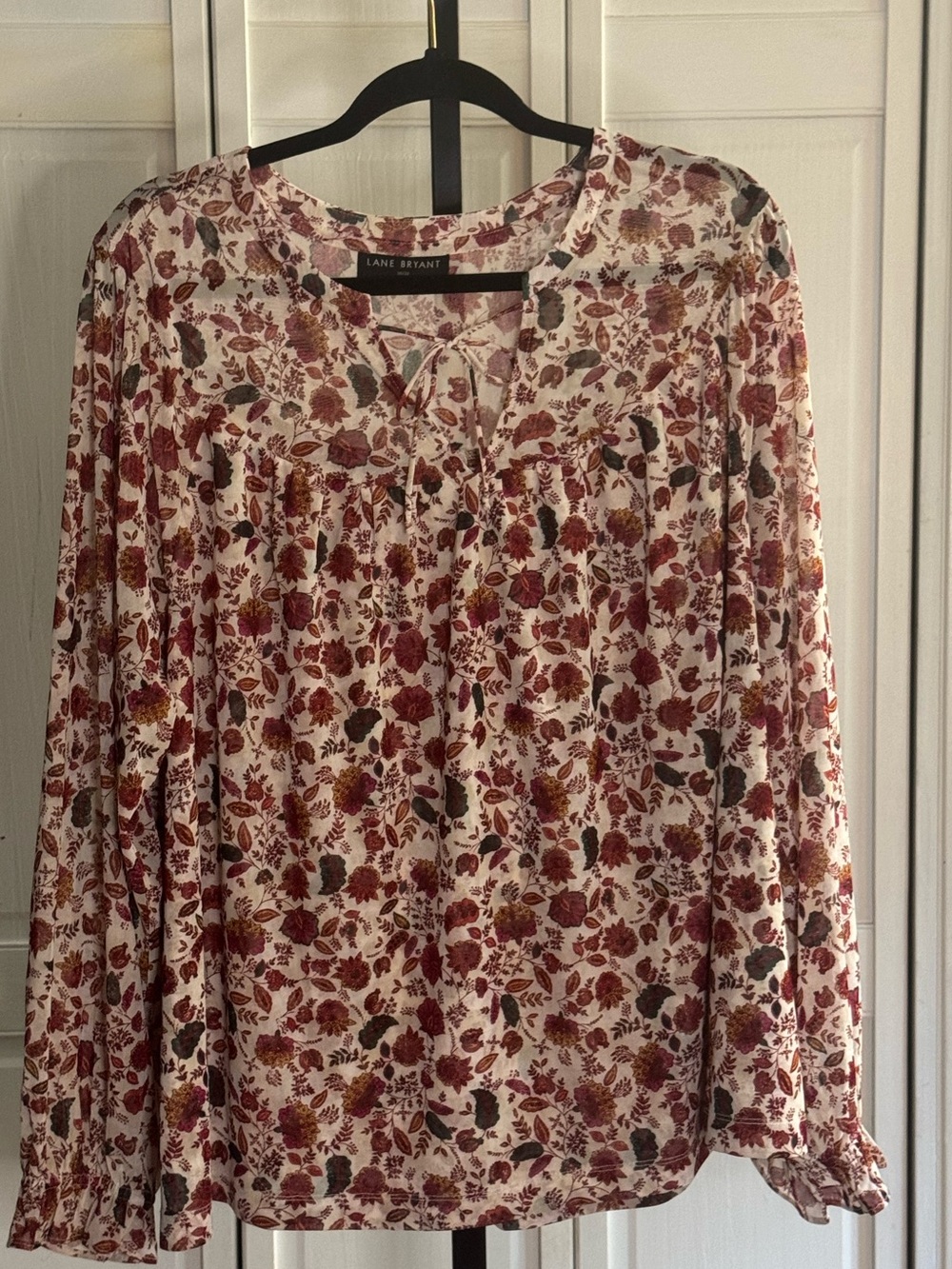 Lane Bryant Cream Floral Tie-Neck Peasant Blouse
